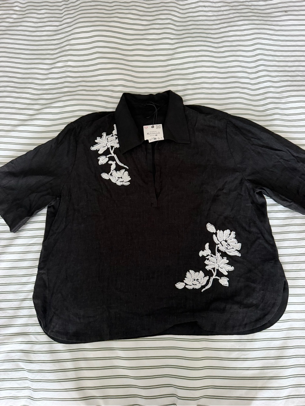 Black Floral Embroidered Collared Top